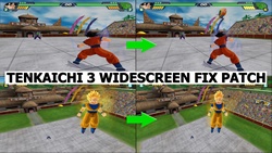 Ce patch correctif pour écran large fait en sorte que le rapport hauteur/largeur de l'image reste proportionné dans le jeu vidéo Dragon Ball Z Budokai Tenkaichi 3.
